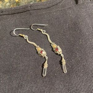 Sterling Silver, Gold, Garnet with a dangling Crystal, Snake Earrings.!